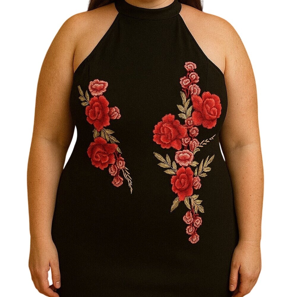 NWT Symphony Plus Dress Black Floral Embroidered Halter Bodycon Cocktail 1XL